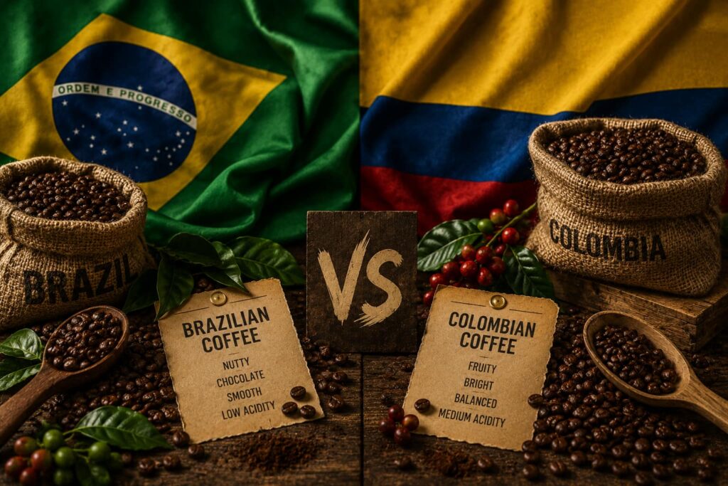 Brazilian coffee vs Colombian coffee comparison with Brazil and Colombia flags, coffee beans, burlap sacks, coffee cherries and tasting notes displayed on a rustic table.