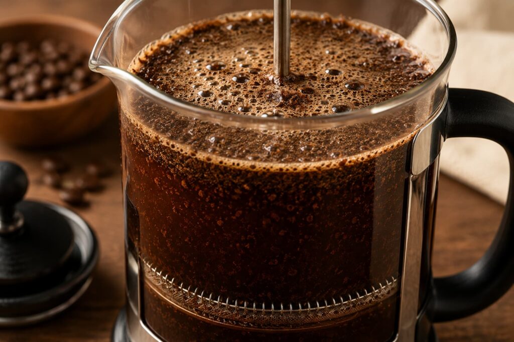 Close-up of a glass cafetiere filled with freshly brewed coffee, showing coffee grounds, rich oils and the metal filter during full-immersion brewing.
