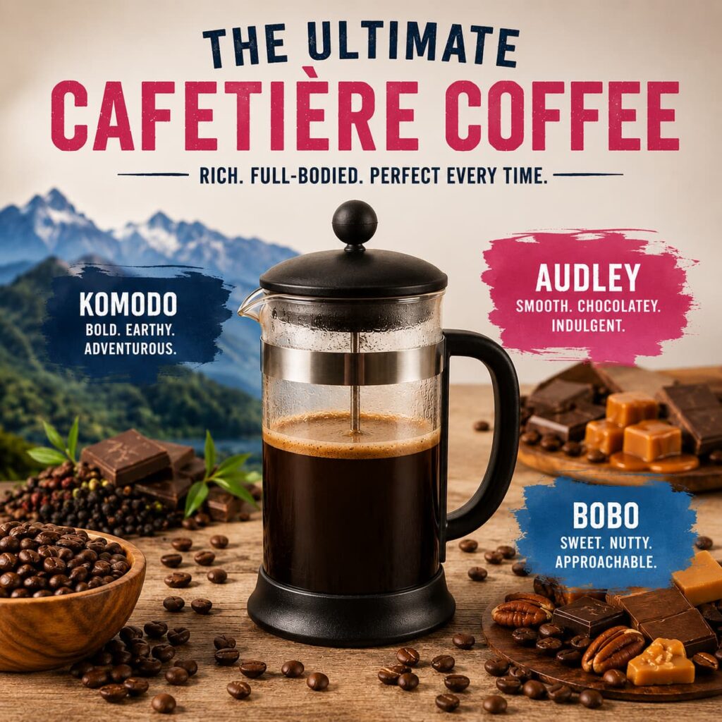 Cafetière coffee guide featuring a French press with Komodo, Audley and Bobo coffee blends, highlighting rich, full-bodied coffee and different flavour profiles.