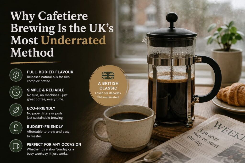 Cafetiere coffee brewing in a cosy UK kitchen, highlighting why French press coffee is an underrated brewing method.