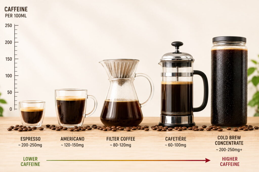 Coffee caffeine comparison showing espresso, Americano, filter coffee, cafetière and cold brew concentrate on a scale from lower to higher caffeine.