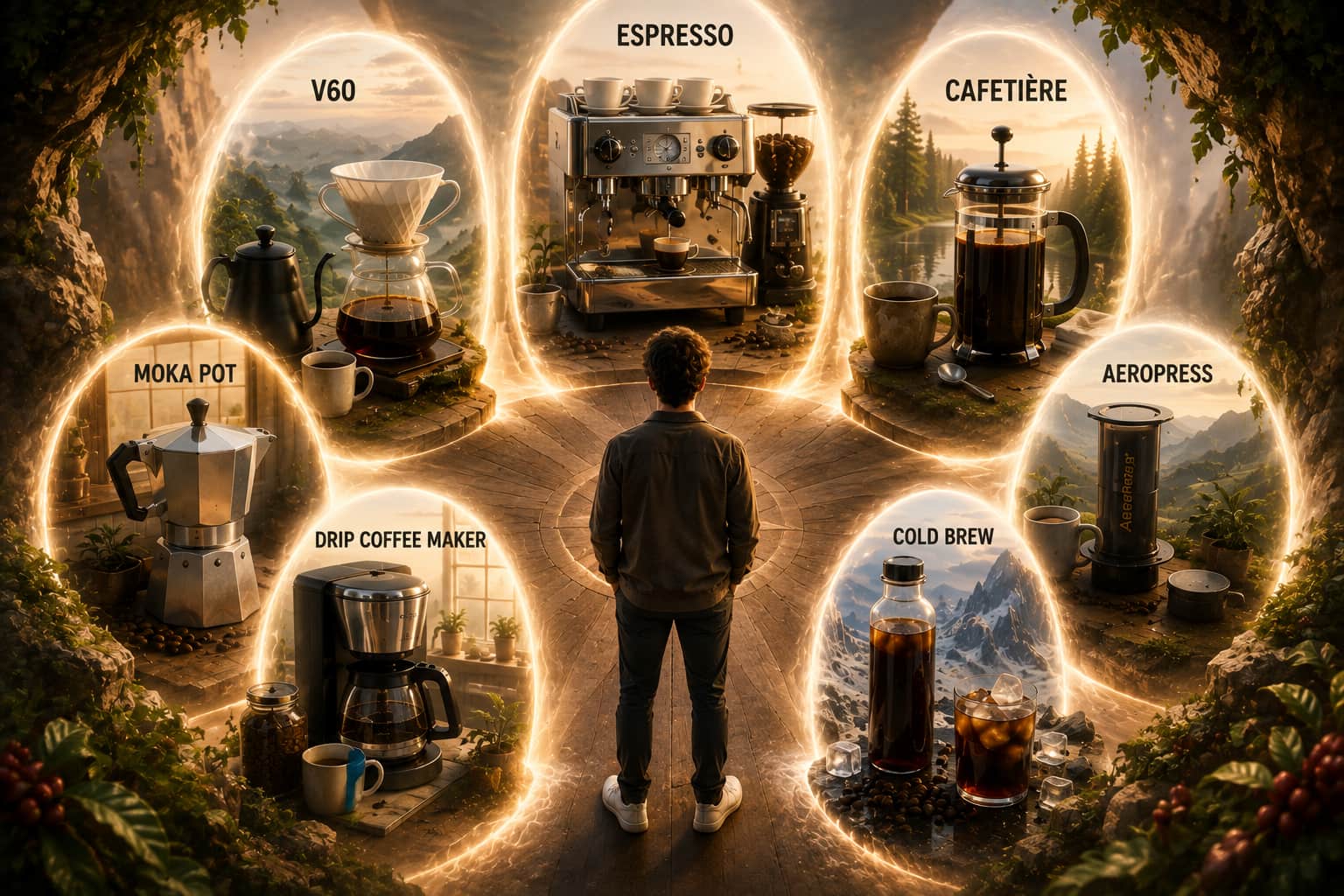 Coffee brewing multiverse showing a person surrounded by seven brewing methods: espresso, V60, cafetière, moka pot, AeroPress, drip coffee maker and cold brew.