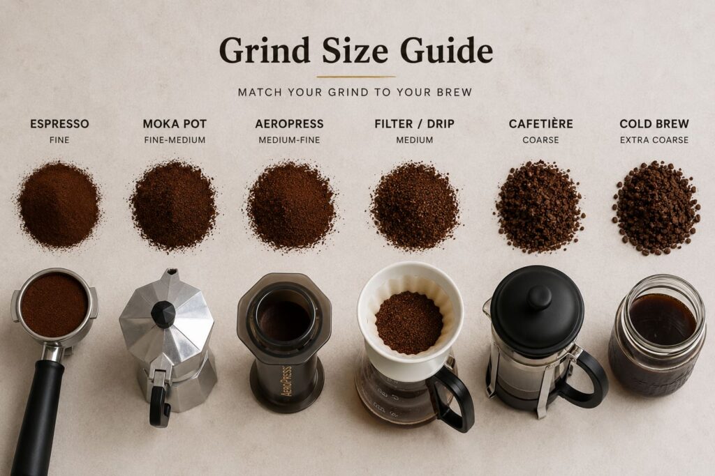 Coffee grind size guide showing fine espresso grounds through extra coarse cold brew grounds, with matching brewing methods from espresso to cafetiere.