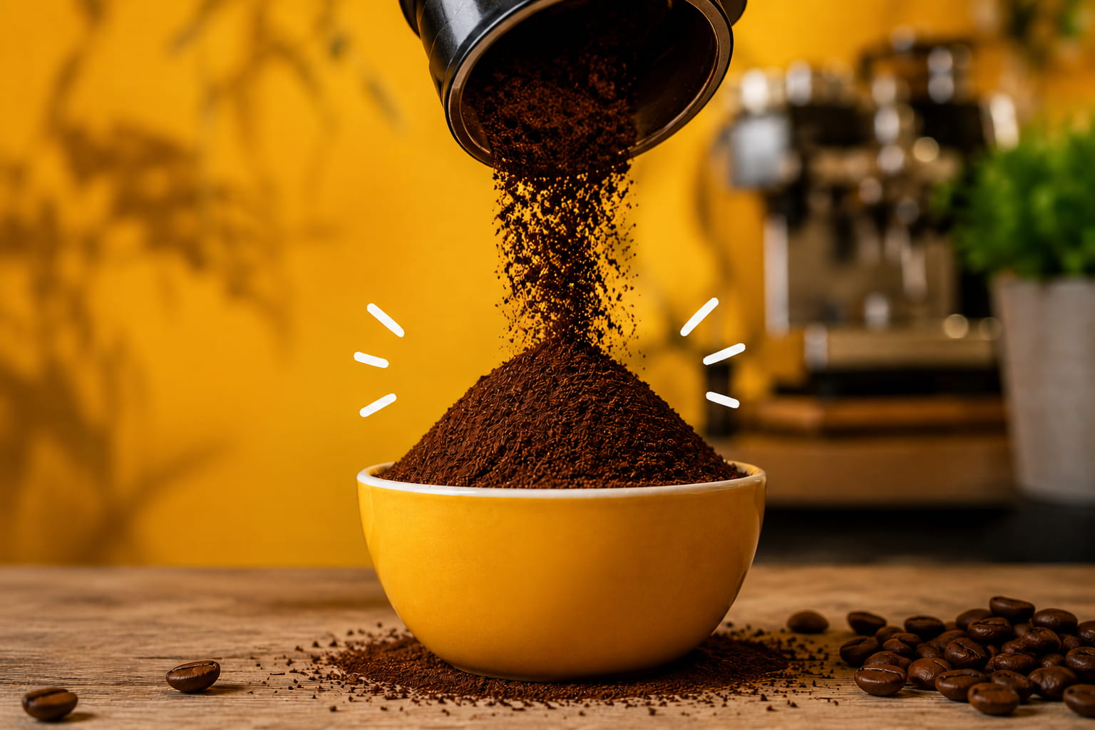 Freshly ground coffee pouring into a yellow bowl, with coffee beans and grounds on a wooden table in a warm cafe setting.