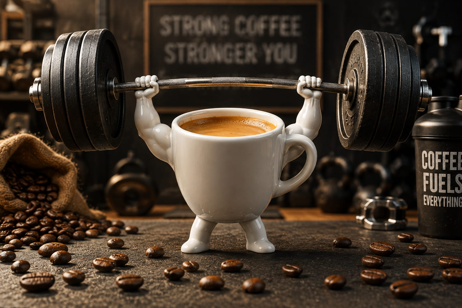 Playful coffee cup lifting a heavy barbell in a gym, representing the power and strength of strong coffee.