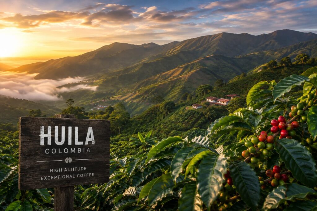 Huila, Colombia coffee-growing region with high-altitude mountain farms, lush coffee plants and ripe coffee cherries at sunrise.