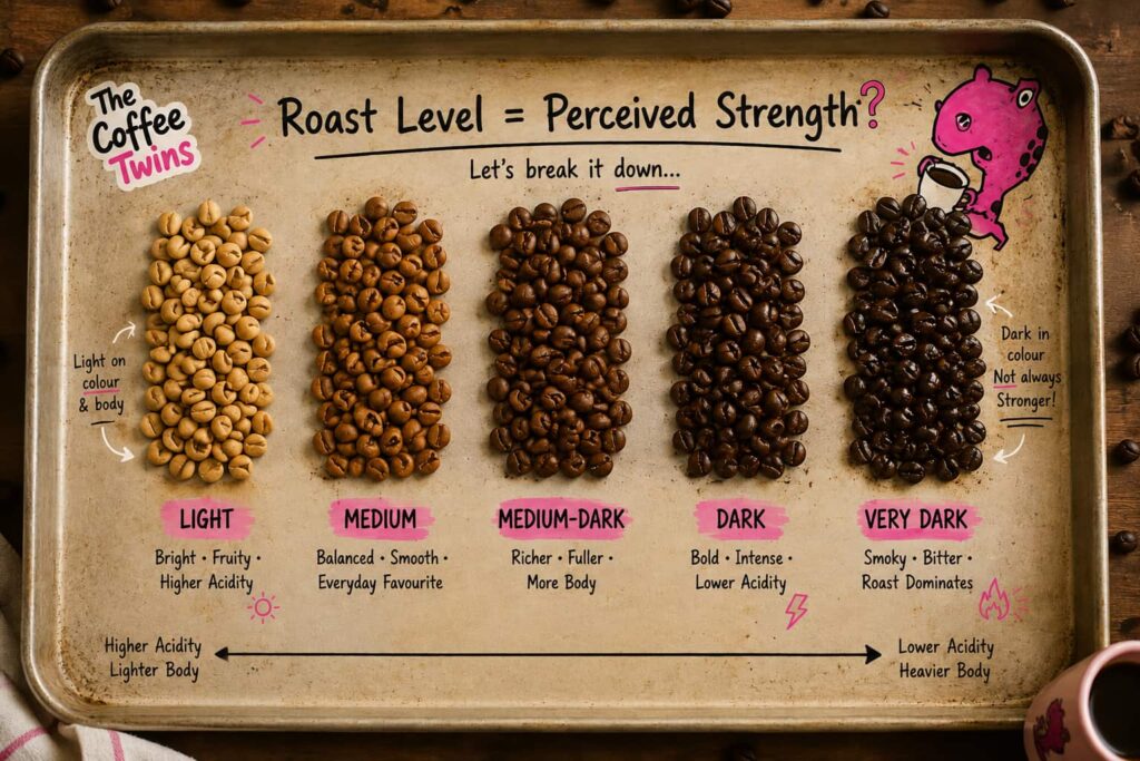 Coffee roast progression from light to very dark beans, showing how roast level affects acidity, body and flavour intensity.