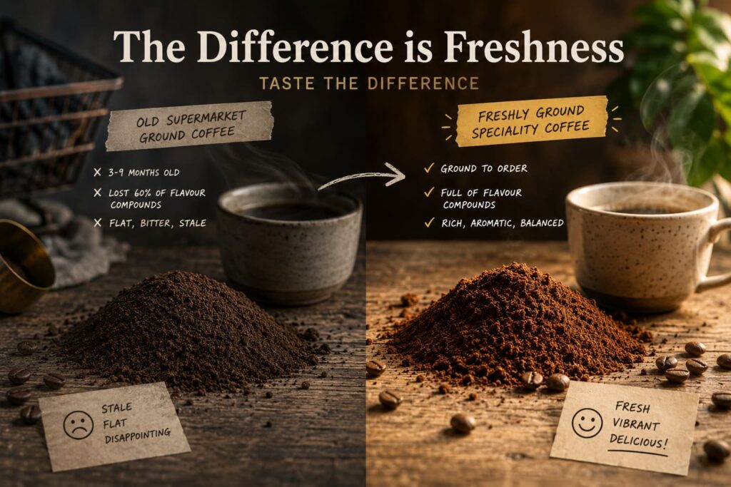 Freshly ground speciality coffee compared with stale supermarket ground coffee, showing the difference in freshness, flavour and aroma.