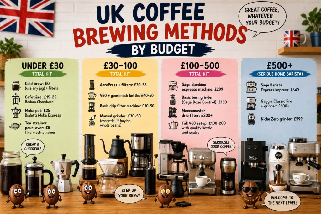 Playful UK coffee brewing equipment comparison showing brewing methods and setups across four budgets, from under £30 to £500+, including cafetière, AeroPress, V60, espresso machines and premium grinders.