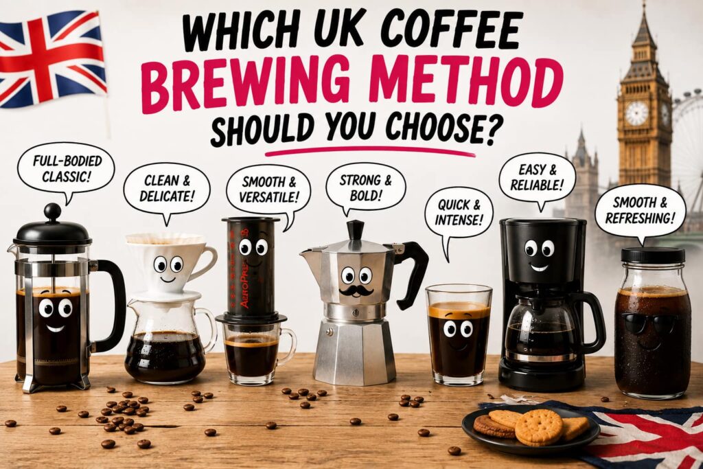UK coffee brewing method comparison featuring French press, pour-over, AeroPress, moka pot, espresso, drip coffee maker and cold brew, with London landmarks and playful speech bubbles.