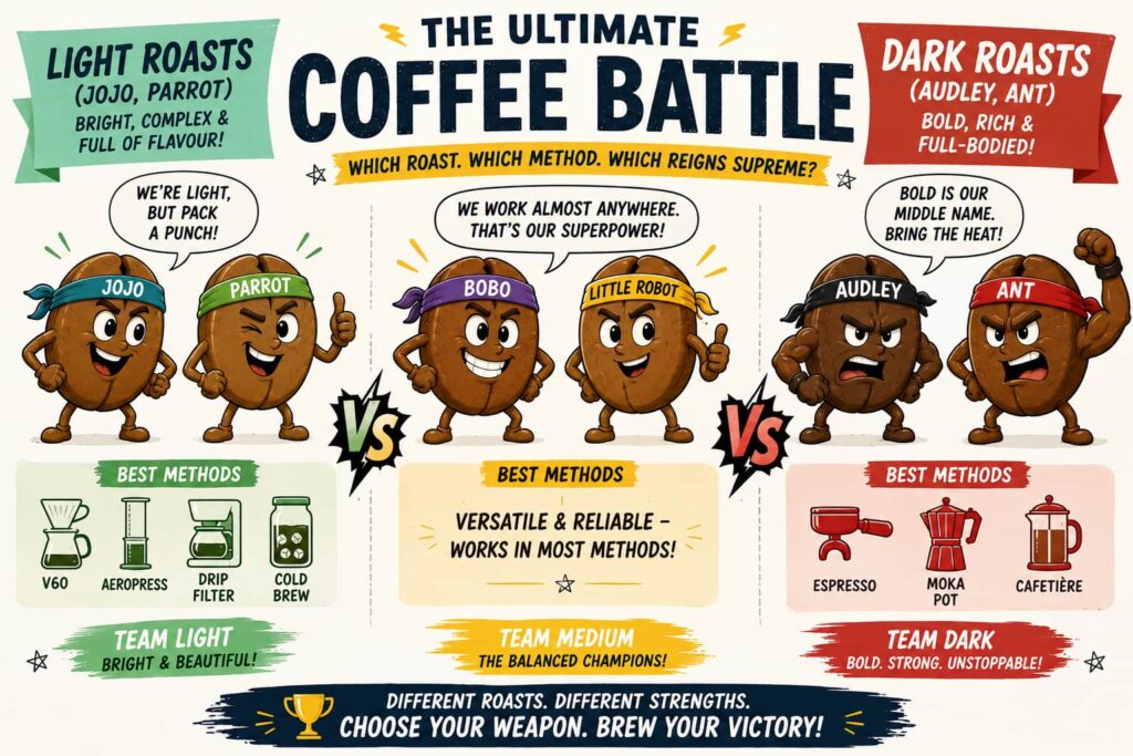 Playful coffee roast battle comparing light, medium and dark roasts, with Jojo and Parrot, Bobo and Little Robot, and Audley and Ant alongside their recommended brewing methods.