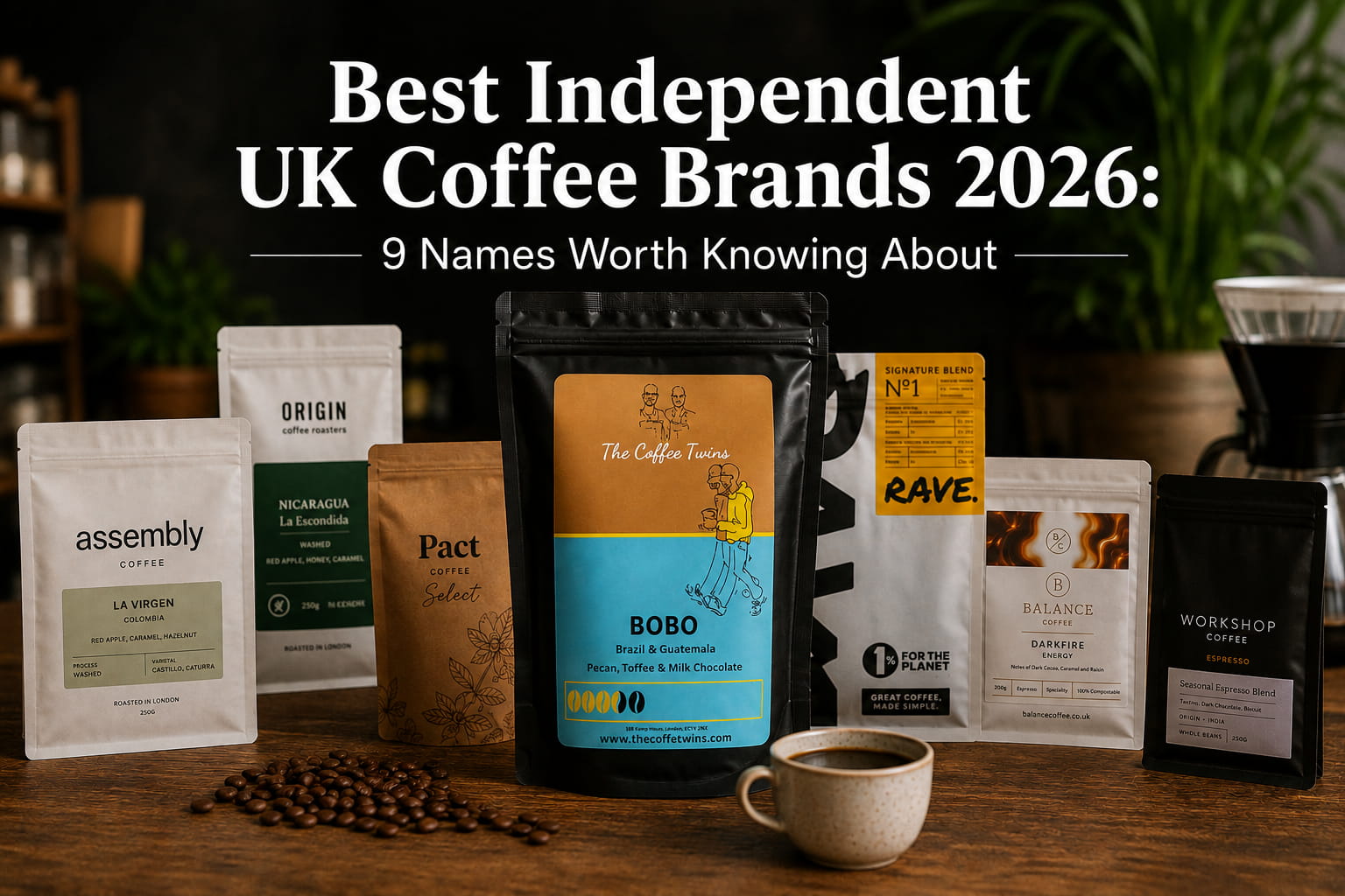 Best independent UK coffee brands 2026 featuring The Coffee Twins BOBO coffee alongside Assembly, Origin, Pact, Rave, Balance and Workshop coffee bags.