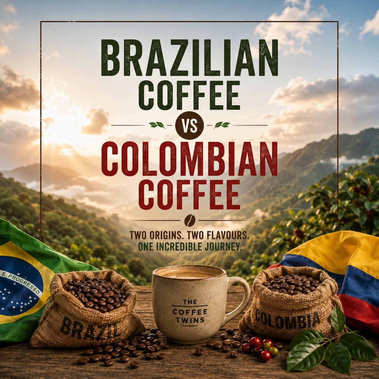 Brazilian coffee vs Colombian coffee, featuring mountain coffee-growing landscapes, Brazil and Colombia flags, coffee beans, cherries and burlap sacks in a travel-inspired comparison scene.