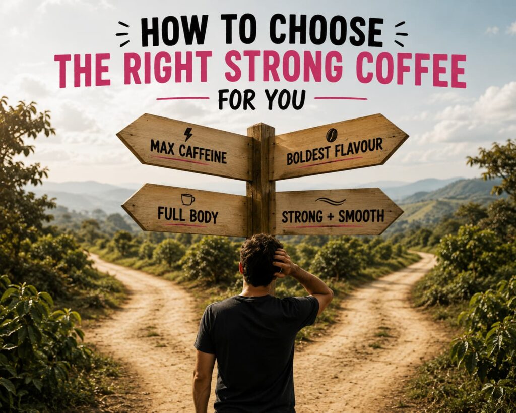 Person standing at a coffee-growing crossroads with four choices: maximum caffeine, boldest flavour, full body, or strong and smooth.