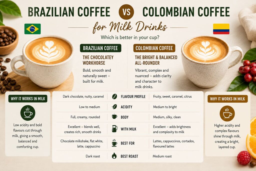 Brazilian vs Colombian coffee for milk drinks, comparing Brazilian coffee’s bold chocolatey flavour and creamy body with Colombian coffee’s bright acidity, fruity notes and complex character.