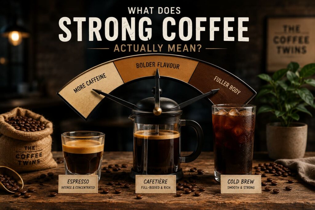 Strong coffee comparison featuring espresso, cafetière and cold brew, illustrating different types of coffee strength including caffeine, bold flavour and full body.