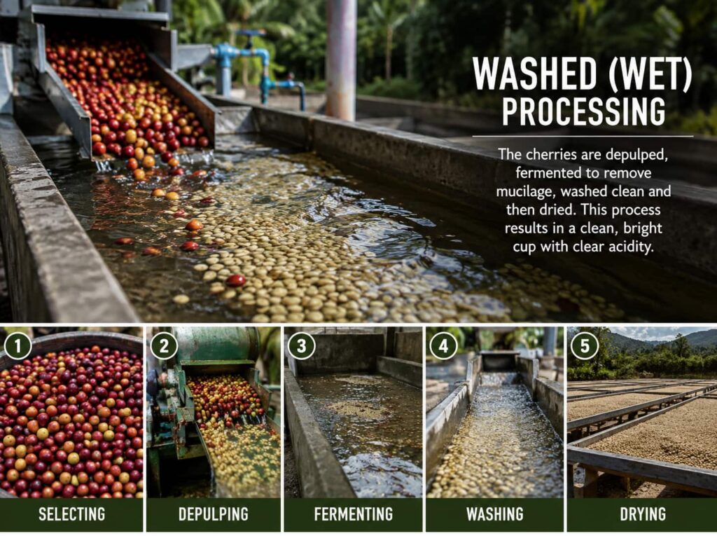 Washed wet coffee processing method showing coffee cherries being depulped, fermented, washed and dried at a coffee processing facility.