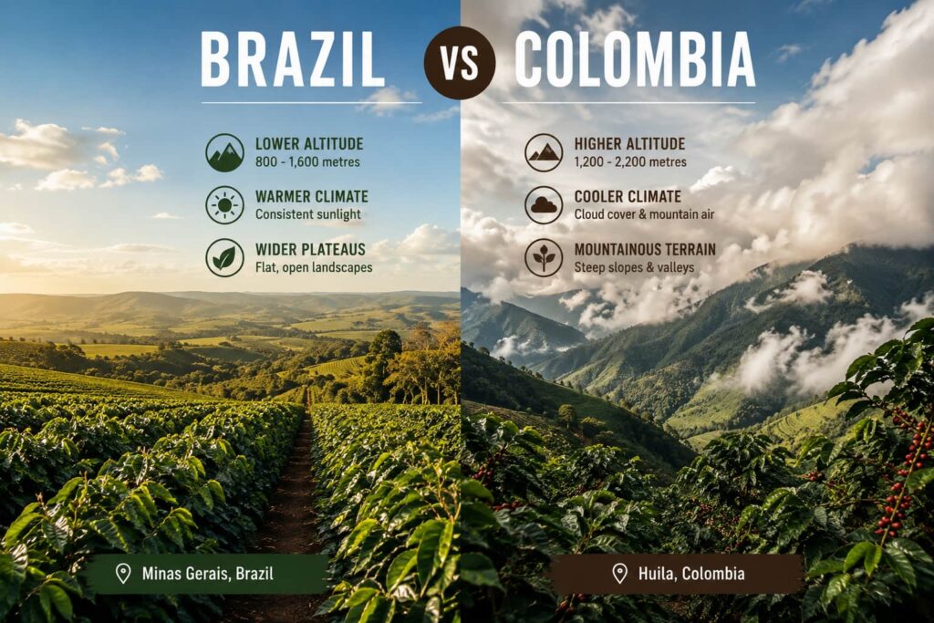 Brazil vs Colombia coffee-growing regions, comparing a Brazilian coffee plantation in Minas Gerais with high-altitude Colombian coffee farms in Huila.