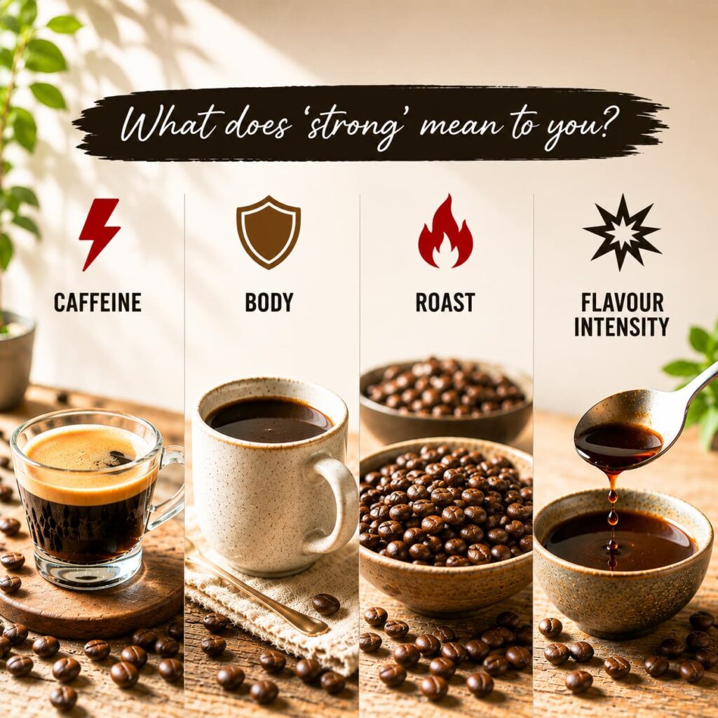 Coffee strength comparison showing caffeine, body, roast and flavour intensity, with espresso, coffee beans and brewed coffee illustrating what “strong” can mean.