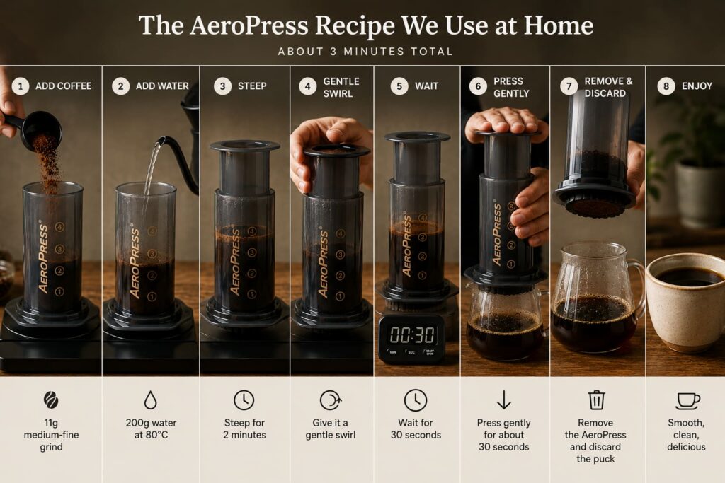 Step-by-step AeroPress coffee brewing guide showing 11g of medium-fine coffee, 200g of water at 80°C, a 2-minute steep, gentle swirl, 30-second wait and gentle press.