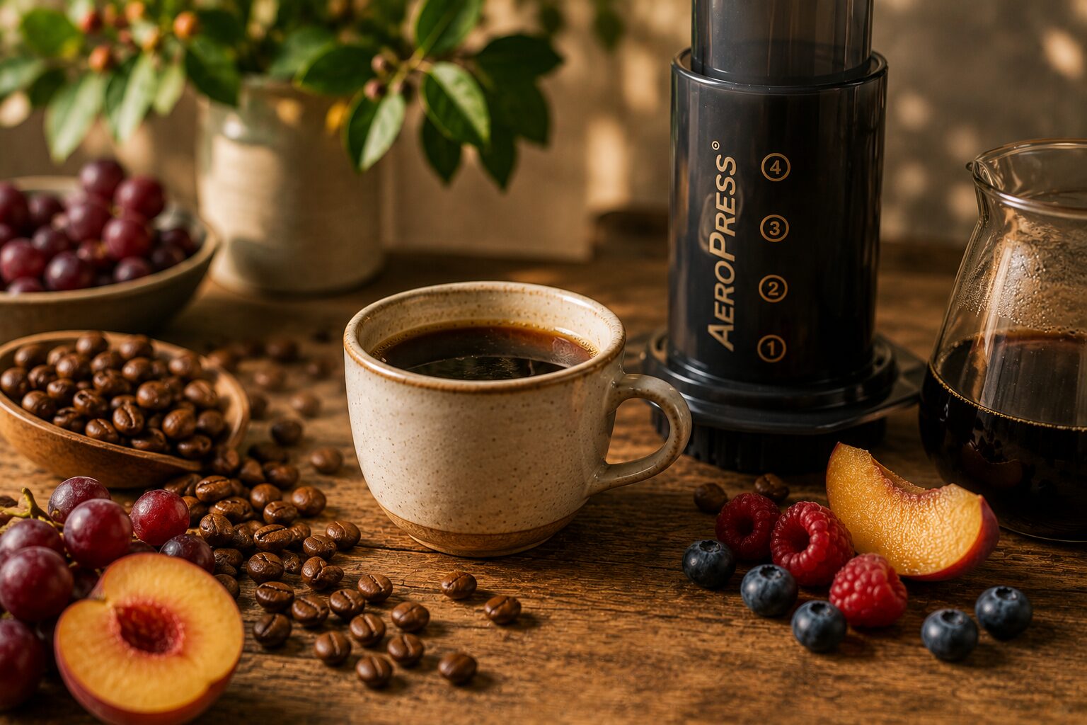 AeroPress coffee brewing with freshly roasted coffee beans, a cup of black coffee and fresh berries and stone fruit on a warm wooden table.