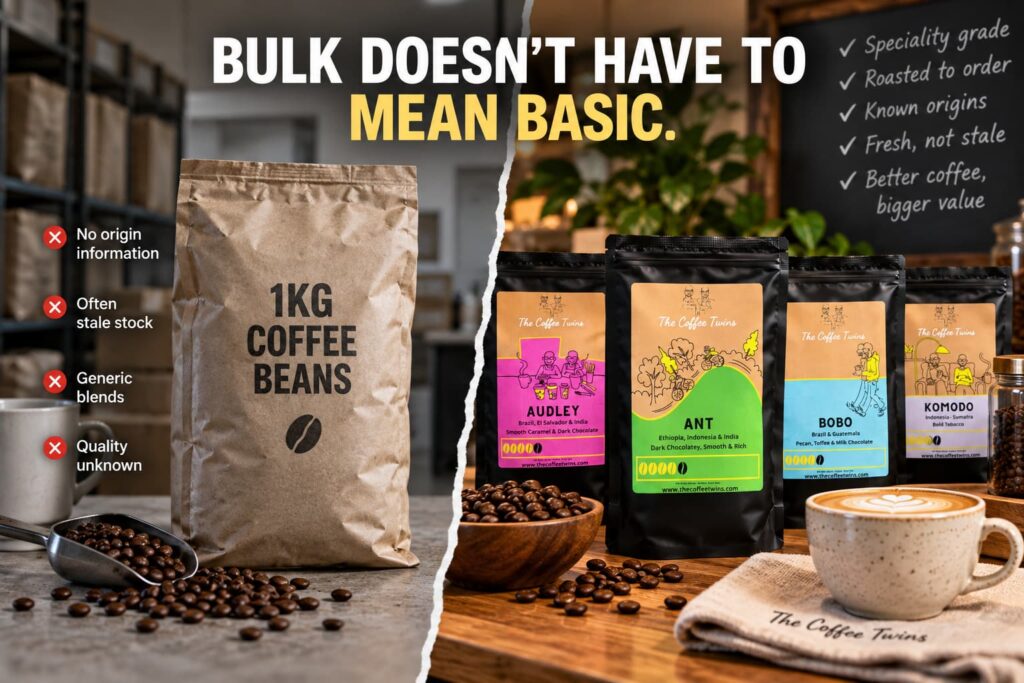 offee bulk buy UK showing The Coffee Twins speciality coffee bags for business supply and home coffee, with espresso machines and fresh coffee beans.