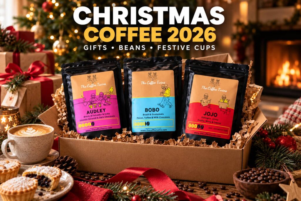 Christmas coffee gift box featuring Audley, Bobo and Jojo coffee bags with festive decorations, latte and mince pies by a Christmas tree.