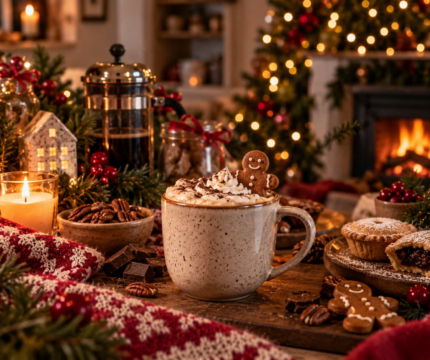Cosy Christmas coffee scene with a festive hot coffee, gingerbread, mince pies, chocolate and Christmas decorations beside a glowing fireplace.
