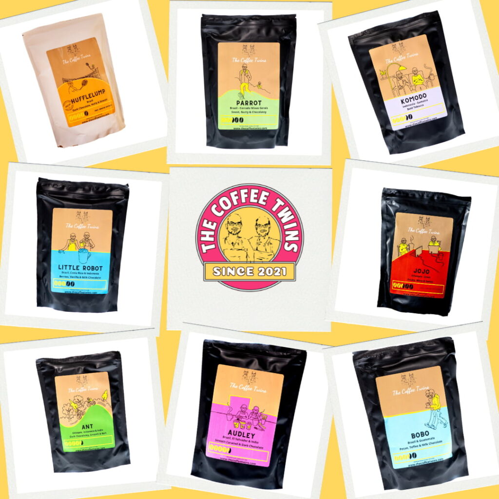 The Coffee Twins speciality coffee bean range featuring Hufflelump, Parrot, Komodo, Little Robot, Jojo, Ant, Audley and Bobo coffee bags.