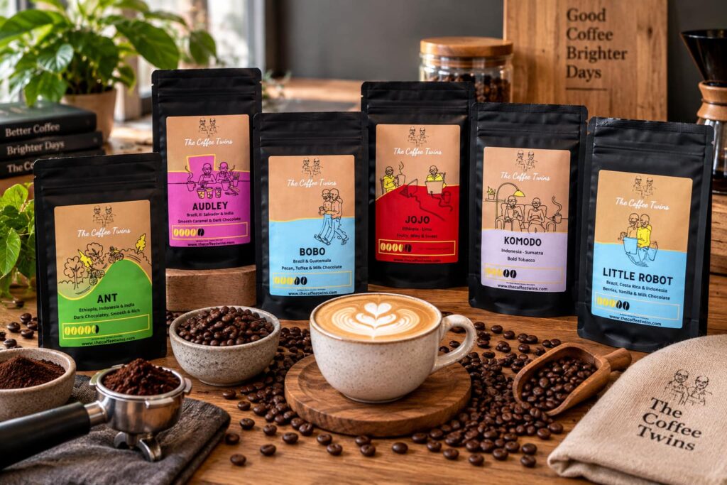 The Coffee Twins speciality coffee subscription delivery with Ant, Audley, Bobo and Komodo coffee bags arriving.