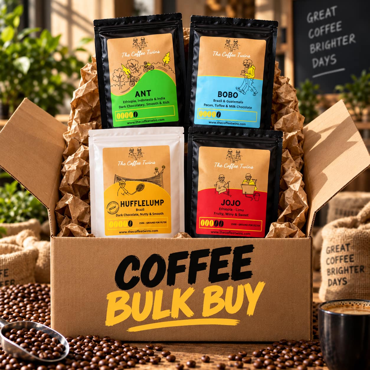 The Coffee Twins bulk coffee box featuring Ant, Bobo, Hufflelump decaf and Jojo speciality coffee bags for bulk buying.