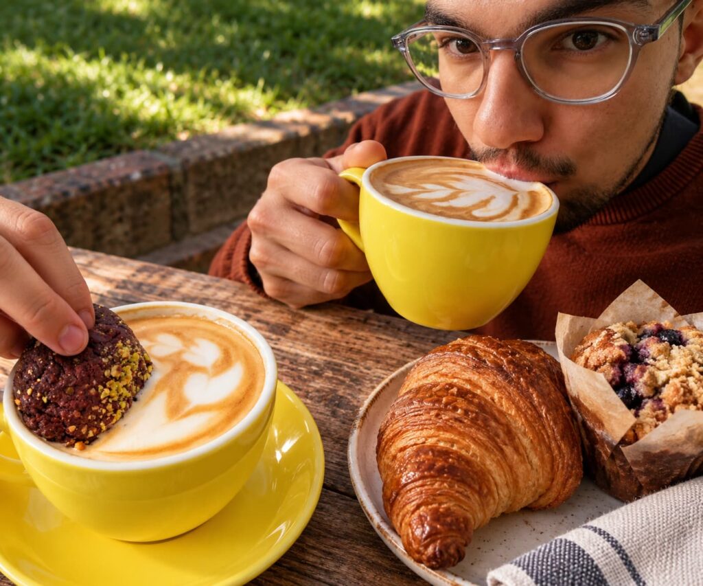 A man enjoying a latte in a bright yellow cup alongside another coffee and fresh pastries, including a croissant and berry muffin, at an outdoor café table.