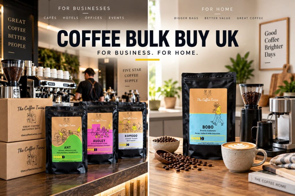 Coffee bulk buy UK showing The Coffee Twins speciality coffee bags for business supply and home coffee, with espresso machines and fresh coffee beans.