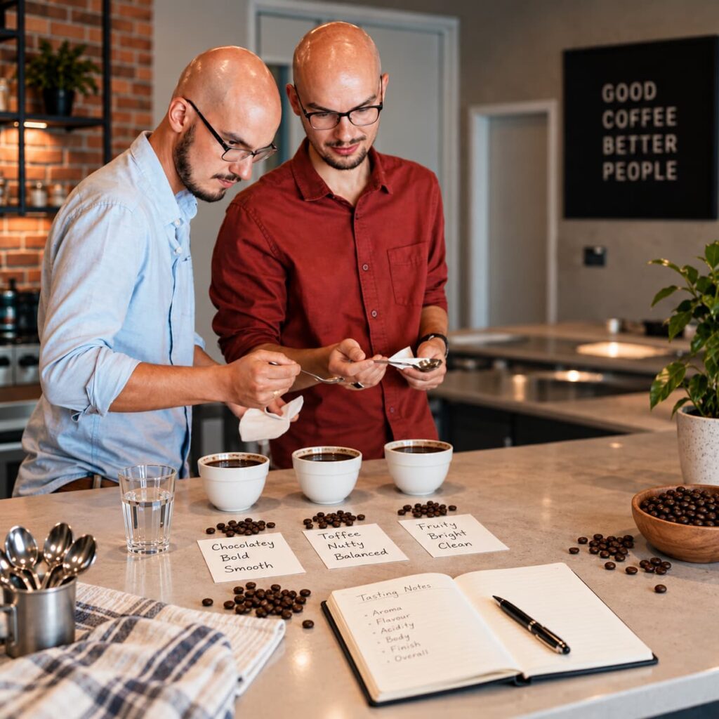 Two coffee professionals comparing three brewed coffees during a tasting session, with tasting notes, coffee beans, spoons and water arranged on a café counter.