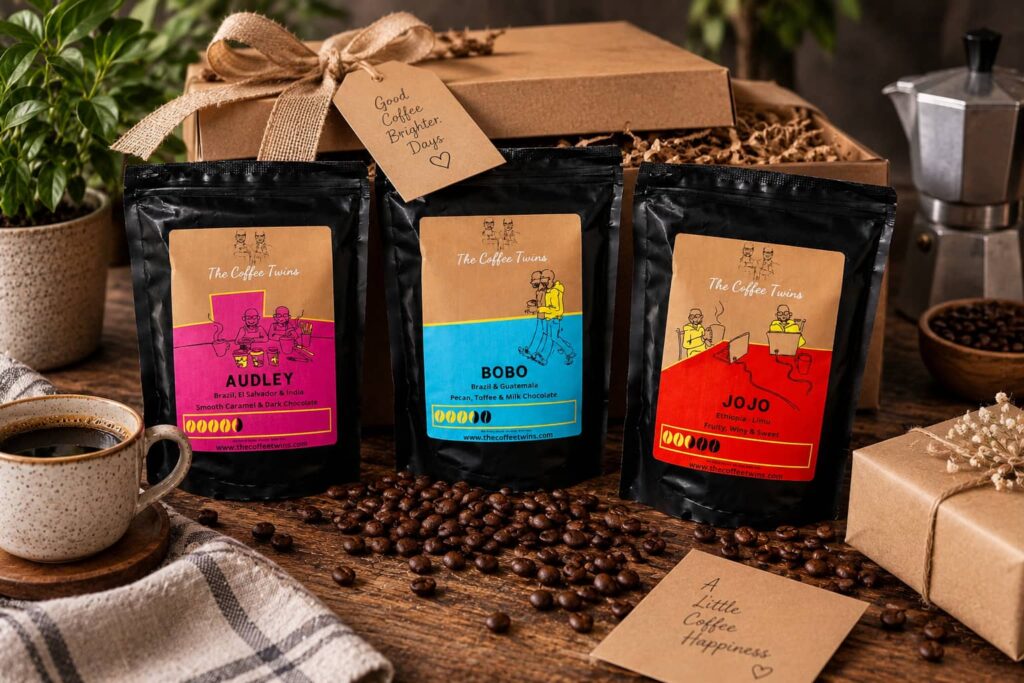 The Coffee Twins coffee tasting pack featuring Audley, Bobo and Jojo coffee bags displayed with coffee beans, a cup of coffee, a moka pot and gift packaging on a rustic wooden table.
