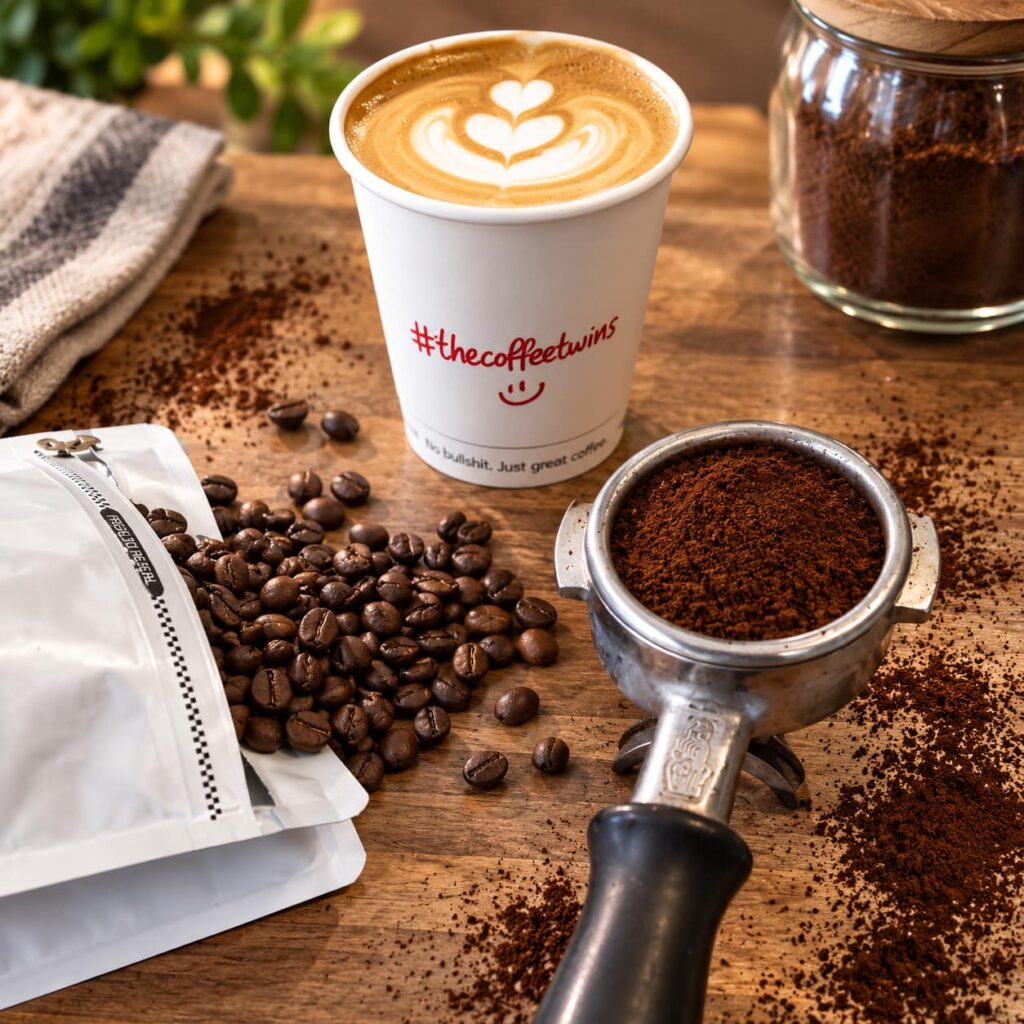 The Coffee Twins latte with latte art, freshly roasted coffee beans and ground coffee in a portafilter on a wooden café counter