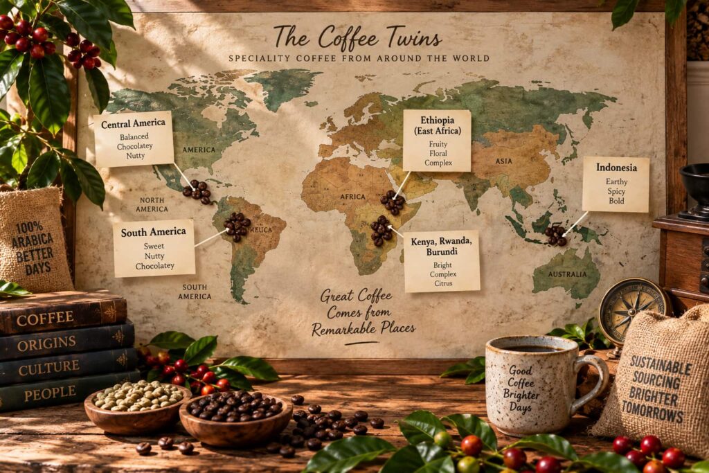 World map of major single origin coffee regions showing flavour profiles from Ethiopia, Central and South America, Indonesia, Kenya, Rwanda and Burundi.