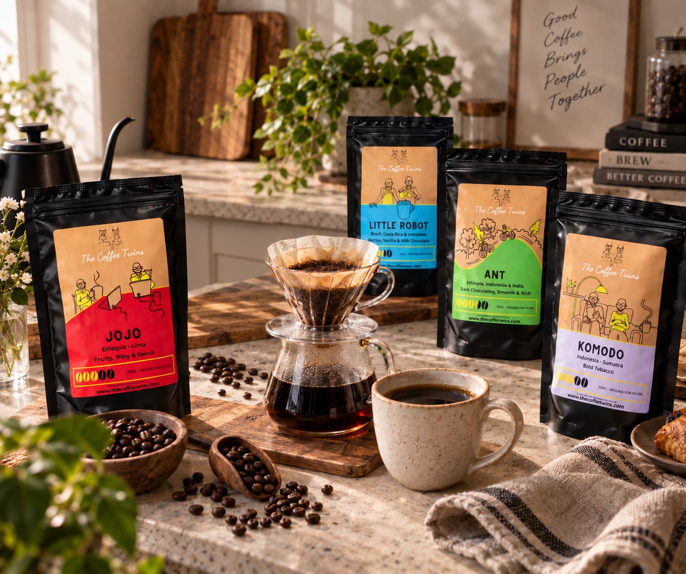 The Coffee Twins Jojo, Little Robot, Ant and Komodo coffee bags arranged around a V60 pour-over coffee setup on a warm kitchen counter.
