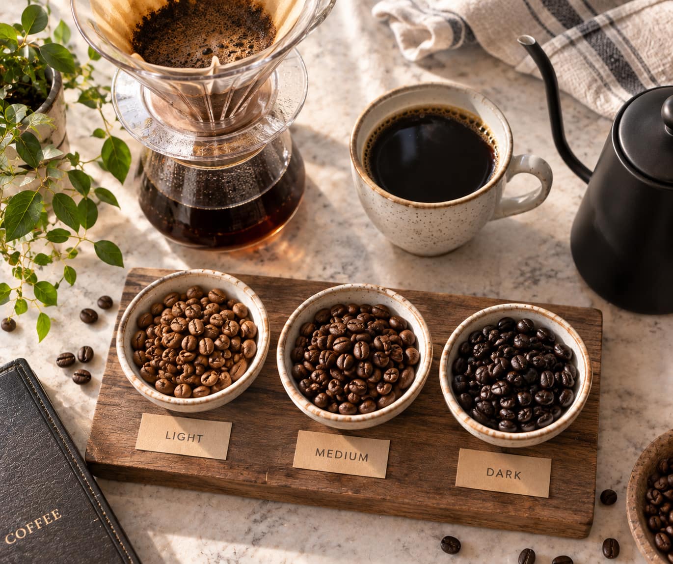Light, medium and dark roast coffee beans compared beside a V60 pour-over and freshly brewed coffee.