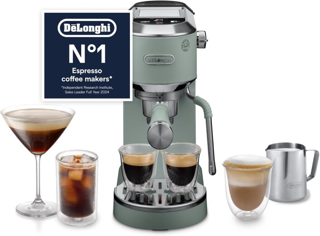 De’Longhi espresso coffee maker in sage green with double espresso, cappuccino, iced coffee and milk frother jug, highlighting its No.1 espresso coffee maker rating.