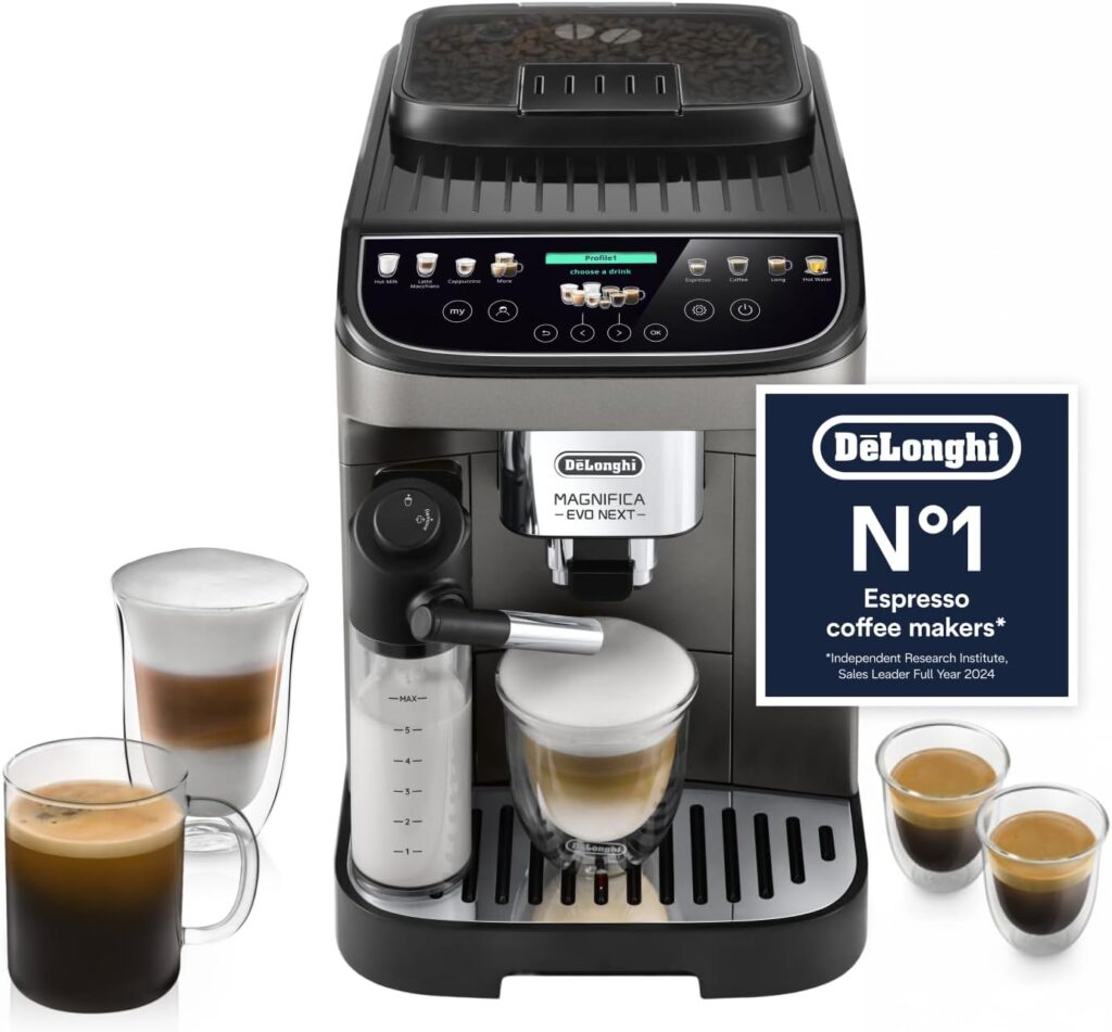 De’Longhi Magnifica Evo bean-to-cup coffee machine with integrated grinder, touchscreen controls, milk frother and espresso, latte and cappuccino drinks.