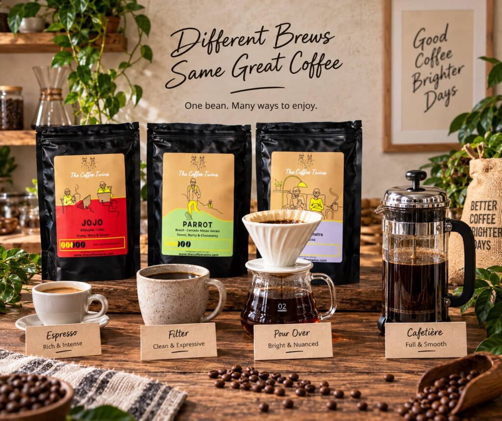 The Coffee Twins single origin coffees with espresso, filter, V60 pour over and cafetière brewing methods in a warm home coffee setting.