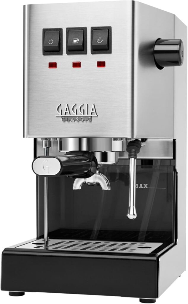 Gaggia Classic espresso machine with stainless steel body, portafilter, steam wand and water reservoir for home espresso brewing.