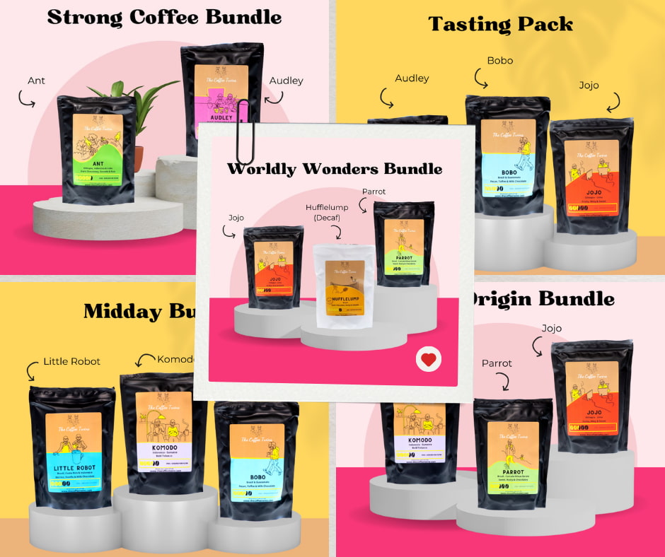 Coffee gift sets featuring The Coffee Twins Strong Coffee Bundle, Tasting Pack, Worldly Wonders Bundle, Midday Bundle and Single Origin Bundle with assorted speciality coffee bags.