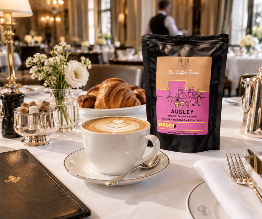 The Coffee Twins Audley speciality coffee served with a flat white in a luxury five-star hotel restaurant.