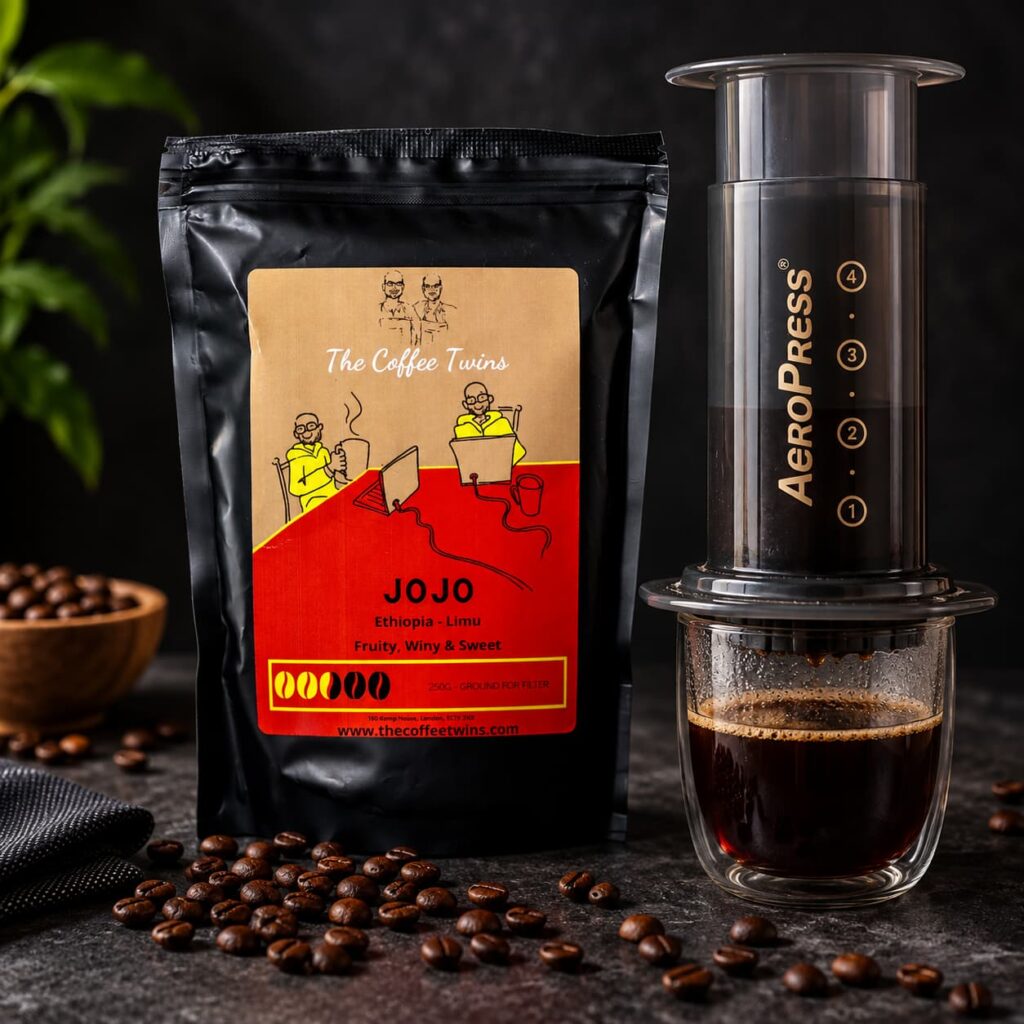 The Coffee Twins JoJo ground coffee bag with an AeroPress beside it, highlighting coffee suitable for AeroPress brewing.