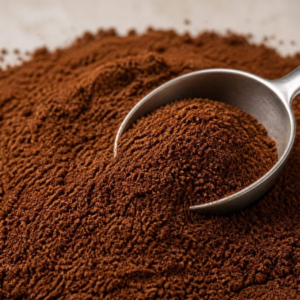 Close-up of medium-fine coffee grounds with a metal scoop, showing freshly ground coffee suitable for filter and bean-to-cup brewing.