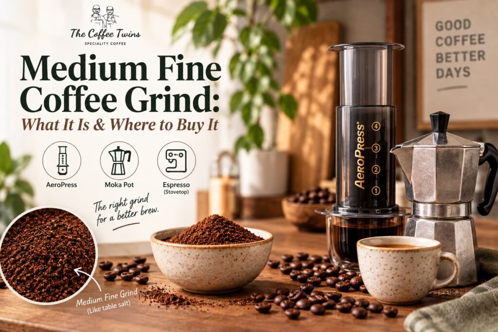 Medium fine coffee grind with coffee beans, AeroPress and moka pot, illustrating the ideal grind size for different coffee brewing methods.