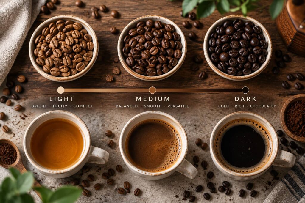 Coffee roast comparison showing light, medium and dark roasted coffee beans alongside cups of brewed coffee, illustrating how roast level affects coffee colour and flavour.