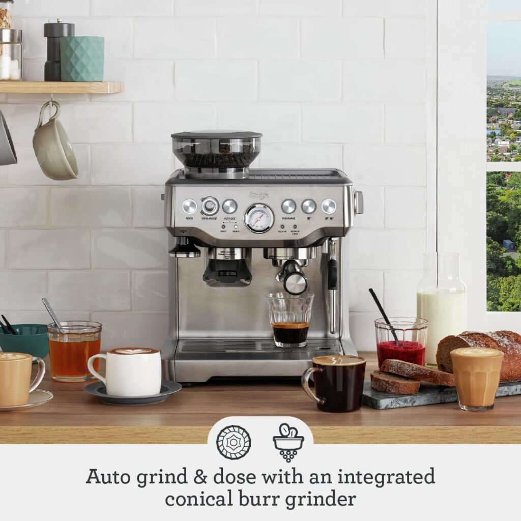 Sage Barista Express espresso machine with integrated coffee grinder, fresh espresso and a selection of coffee drinks and pastries on a kitchen counter.
